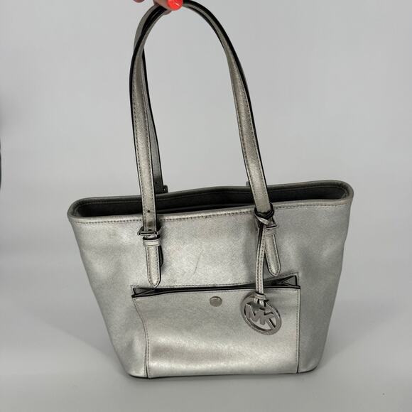 Michael Kors Silver Metallics set jet Tote Bag Purse Handbag Satchel MK Logo - Picture 2 of 13